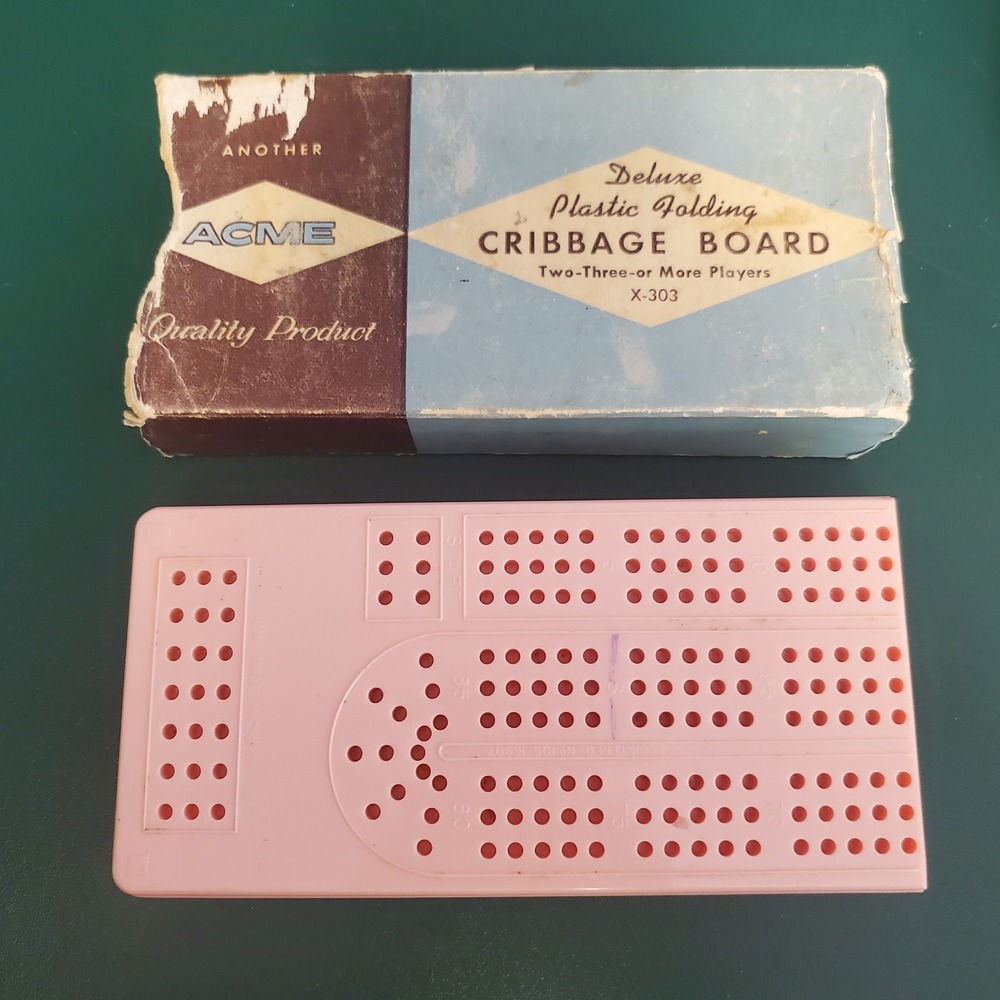 Vintage Acme Deluxe Pink Plastic Folding Cribbage Board with Box and Pegs